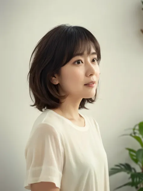 Short sleeve shirt、４０A chubby Japanese woman in her thirties、(White wall in the background、Reddish hair color)、profile、Photographed in front of a white wall、Layered Cut、Very delicate hair、(In a room with white walls and windows)、((Highest quality、8K、master...