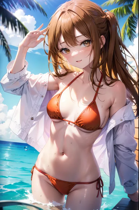 a sun ayuuki, a sun a yuuki, Long Hair, Brown Hair, (Brown eyes:1.8), Medium Chest,Open your mouth,smile,Red Bikini Swimsuit,barefoot,Water Play,Wet Hair,Wet Skin,Wet swimsuit,slouch,Daytime,Clear skies,Palm tree,True Summer,whole bodyがイラスト入るように,
break out...