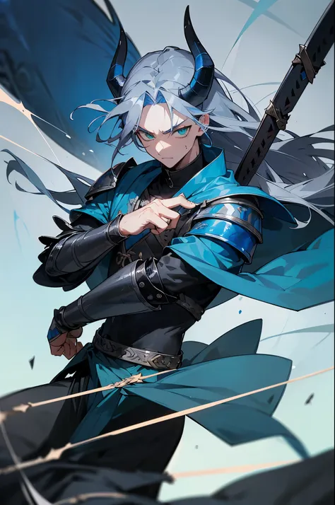 an anime man 1.80 tall (long silver hair) with (green eyes) with (a scar on his forehead in x) and (several runes on his body with a blue color but the most striking is one that resembles a dragon in its back) (a black tail clothes (he wears a torn cloak a...