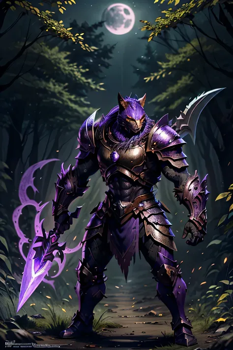 warrior cat, warrior armor, shimmering purple armor, spear in his right hand, beautiful forest, Moonlight