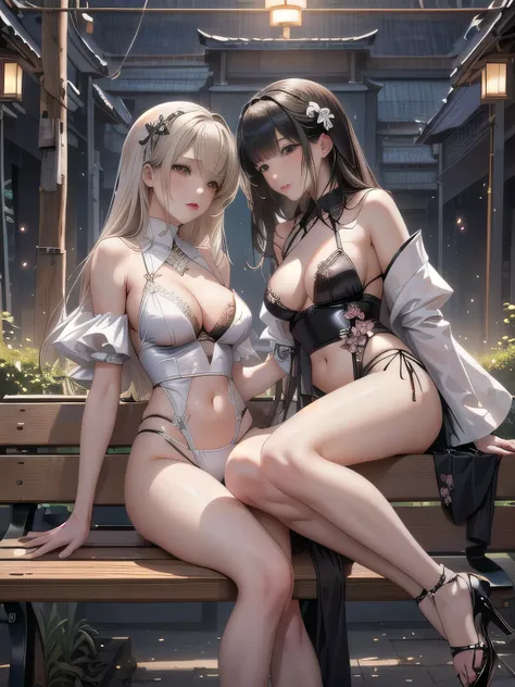 Two women in underwear sitting on a bench, Ayami Kojima and Lyde Caldwell, elegant Lure pose, White and black, Two girls, various Lure pose, Inspired by Wang Duo, Charming and seductive, Pleasant, Sexy :8, Group photo wearing, Lure, Nguyen Chia and Blom, T...