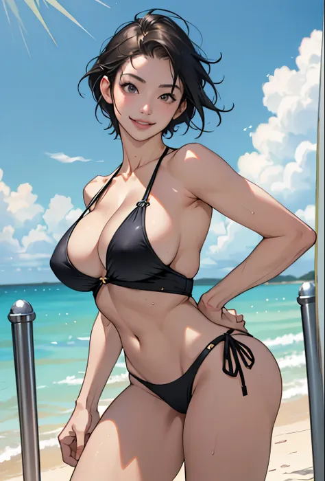 Realistic、Face reality、With a girl、Swimwear、Sexy smile、My breasts have gotten a little bigger、Sexy pose、From the front it looks like a one-piece, but from the back it looks like a mono bikini、