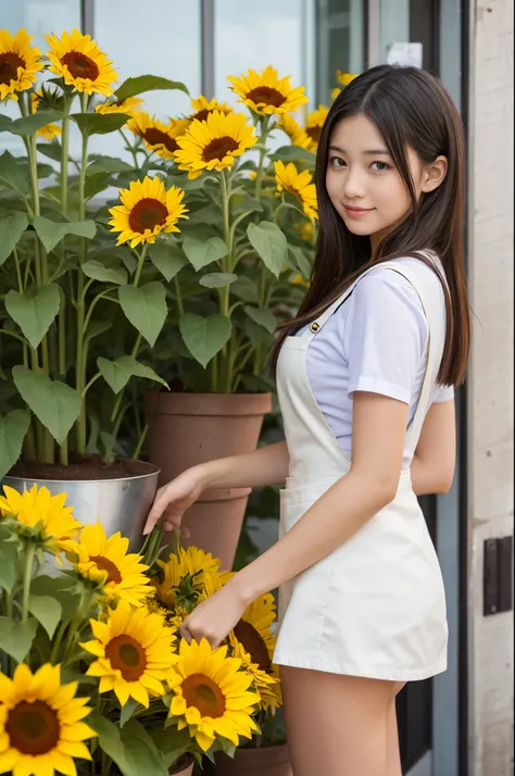 A 20-year-old girl working at a flower shop（Wearing a miniskirt and apron）have a sunflower