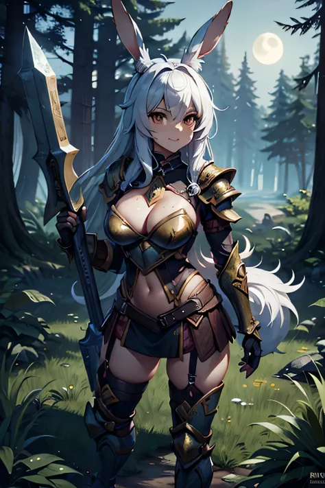 warrior bunny, sexy, armor, giant legendary hammer, beautiful forest, Moonlight