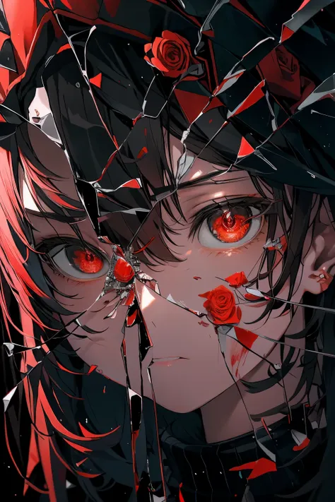 1 girl,alone,red eyes,bloody rose