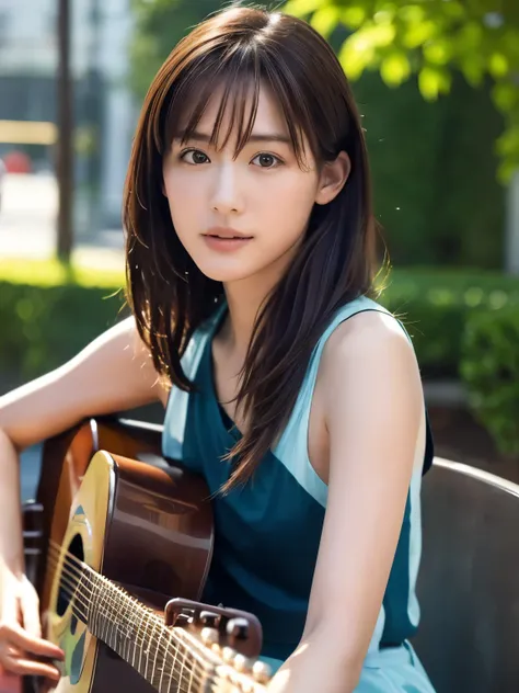 ((masterpiece, Highest quality, High resolution)), (Playing Acoustic Guitar:1.5), 1 beautiful girl, (Realistic: 1.4), Great face, 15 years old, Medium Hair, (Beautiful Hair:1.5), (Open your mouth:1.3), Square in front of the station, Side angle, Smooth, Hi...