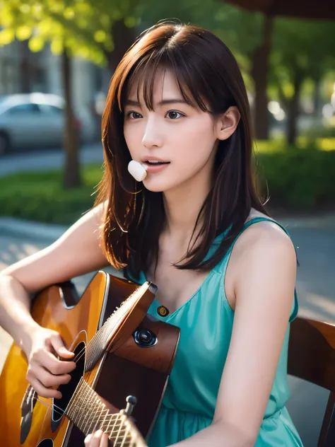 ((masterpiece, Highest quality, High resolution)), (Playing Acoustic Guitar:1.5), 1 beautiful girl, (Realistic: 1.4), Great face, 15 years old, Medium Hair, (Beautiful Hair:1.5), (Open your mouth:1.3), Square in front of the station, Side angle, Smooth, Hi...