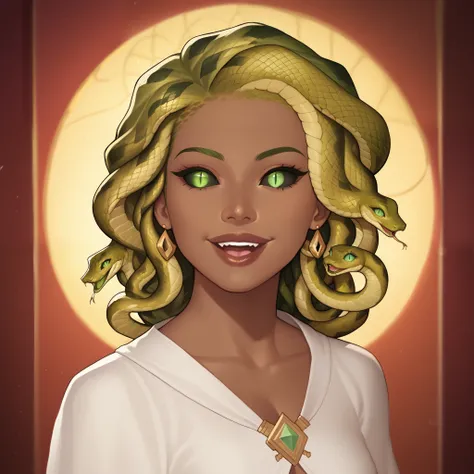 (((beautiful, high quality, perfect eyes, comics style, semi-realistic, detailed face))), upper body, score_9, score_8_up, score_7_up, | ((colored sclera, black sclera, slit pupils, scales)), 1girl, (((sn4k3h41r, snake hair))), Very ((dark skin, dark-skinn...