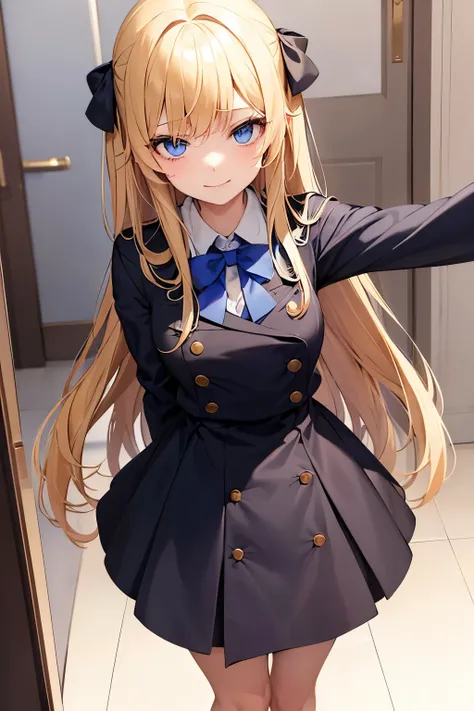 beautiful girl, school dress and uniform, narcissistic gaze, cruel and merciless, egocentric smile, dull yellow hair, intense blue eyes, tall girl, bully.