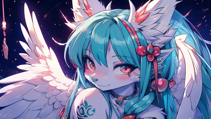 Miku Hatsune, add high definition_detail:1, blue fur,kitsune ears, tribal tattoo add_detail:1, in heaven add_detail, angelical girl, angel wigns add_detail, angelic yokai kitsune,