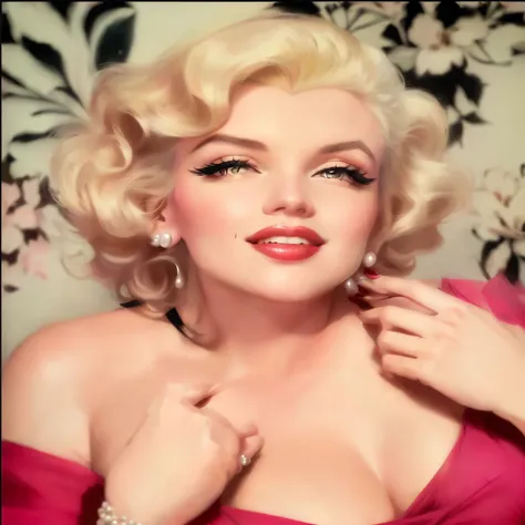 panoramic，Frontal portrait，Marilyn Monroe in a pink dress posing for a picture, Marilyn Monroe, Marilyn Monroe portrait, portrait of Marilyn Monroe, face like Marilyn Monroe, Inspired by Marilyn Bendel, 1954, 1 9 5 4, Charming pose, Sexy lips :5. Fashion, ...