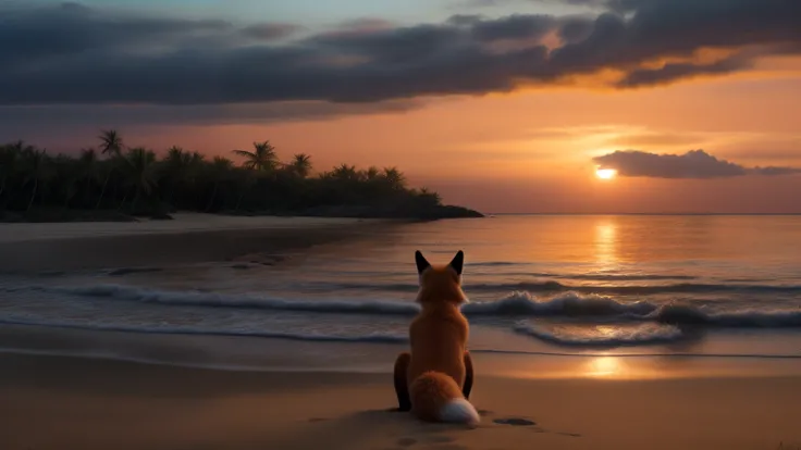 feral fox alone outdoors on the background of a beach, turning your back to the camera, furry fox tail, ((full body)). In an illuminated evening, with very few orange clouds, some islands in the distance