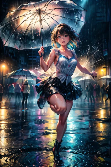 A street dancer, dancing in the rain, surrounded by an audience, graceful leaps, splashing water, a sense of fulfillment,(best quality,4k,8k,highres,masterpiece:1.2),ultra-detailed,(realistic,photorealistic,photo-realistic:1.37),1girl,beautiful detailed ey...