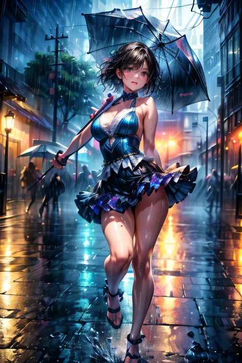 A street dancer, dancing in the rain, surrounded by an audience, graceful leaps, splashing water, a sense of fulfillment,(best quality,4k,8k,highres,masterpiece:1.2),ultra-detailed,(realistic,photorealistic,photo-realistic:1.37),1girl,beautiful detailed ey...