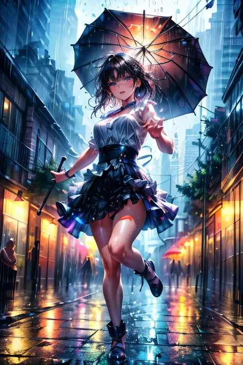 A street dancer, dancing in the rain, surrounded by an audience, graceful leaps, splashing water, a sense of fulfillment,(best quality,4k,8k,highres,masterpiece:1.2),ultra-detailed,(realistic,photorealistic,photo-realistic:1.37),1girl,beautiful detailed ey...