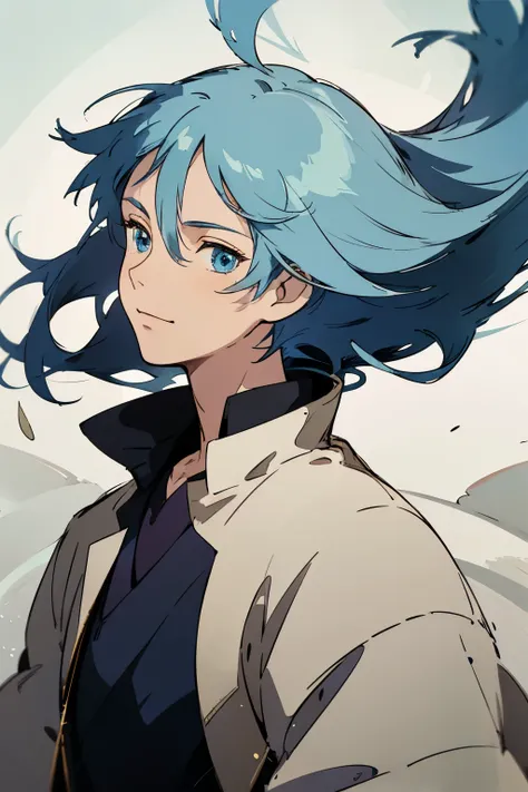 A boy standing with his hairs fluttering in wind, his Blue eyes shining in the dark, a slight smirk on his face, Blue hair, a hint of calmness in his face, beautiful detailed face, detailed eyes, detailed anime background, 