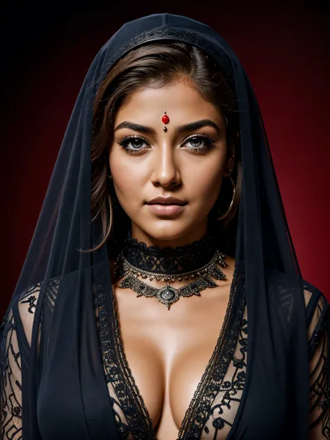 Looks like Nayanthara, horny face, extremely gorgeous, thick figure, heavy physique, voluptuous, curvy, sexy figure, Fashionable portrait of androgynous alien looking witch wearing veil, glowing eyes, futuristic design, minimal details, givenchy, photoreal...