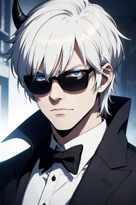 A white-haired, blue-eyed man wearing mafia clothes with black glasses and black horns.