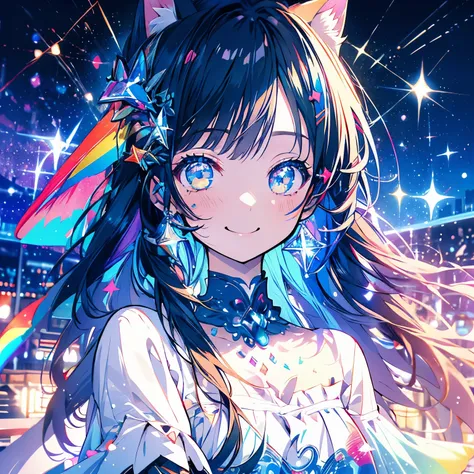 masterpiece、girl、Rainbow colorsの髪、Sparkling eyes、Cat Ears、smile、Shining Background、Starry Ski、Rainbow colors、Starry Sky、milky way、Upper Body