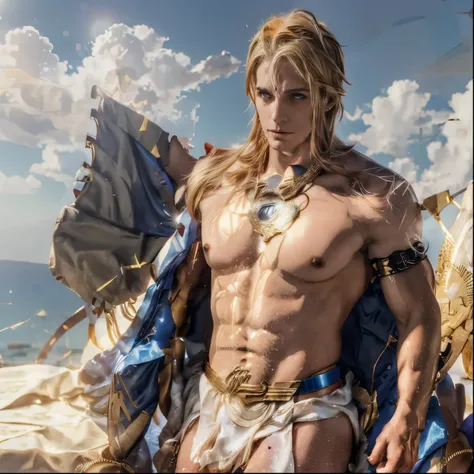 Apollo, God of the sun. Attractive god with blonde hair, blue eyes and light complexion. Marked and muscular body. Male approximately 33 years old. Handsome. Male appearance, Without beard. Dressed in a Greek toga, quite revealing, and shiny gold jewelry. ...