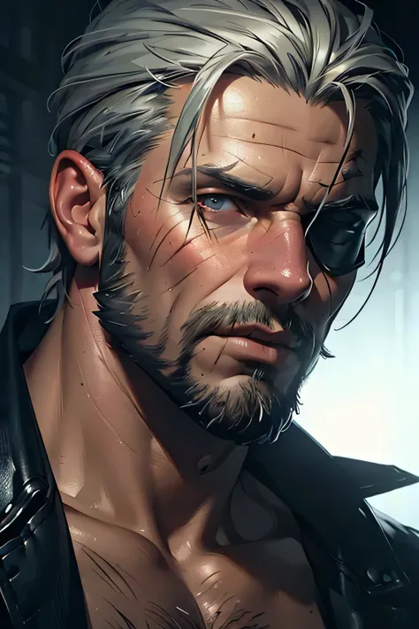 a graying older man with a short beard, wearing an eyepatch, with scars all over his body and face, detailed facial features,highly detailed skin texture,dramatic lighting,cinematic composition,chiaroscuro lighting,moody atmosphere,(best quality,8k,masterp...