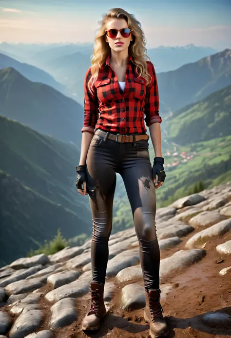 Gorgeous European blonde woman, age 23, wavy hair. Shes wearing a tight red checkered shirt, (skintight dirty muddy washed-out black jeggings:1.3), (military jacket), hiking boots, belt, small rounded red sunglasses, gloves, (spreading legs showing crotch:...