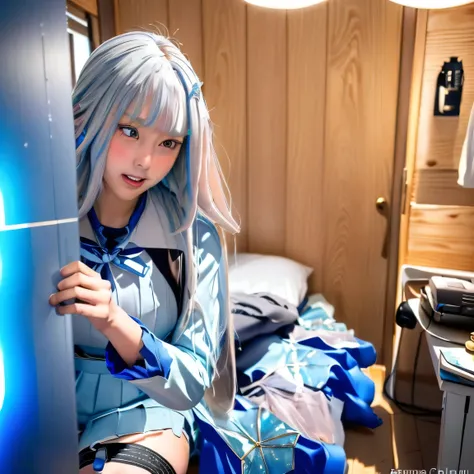 ,(((Liz Hellesta))),gameroomconcept,PC Desk,((Gaming Chair)),Pay,Game Controller,keyboard,((Looking at the smartphone in his hand)),vtuber,Game Now Streaming,((White Delivery Room)),(Liz HellestaHair),((Dressed seriously)),(((Do not expose breasts))),mast...