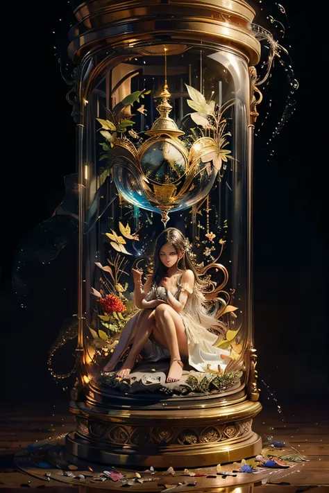 (masterpiece), best quality, expressive eyes, perfect face, huge hourglass, antique hourglass, floating antique clock, beautiful girl inside the hourglass, beautiful Latin girl behind the clock glass, floating antique clock, lamp , lantern, dark night sky,...