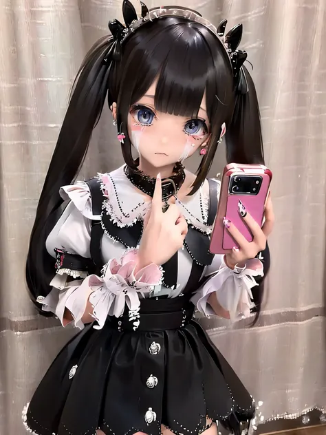 Masterpiece, best quality, high quality, ultra detailed, cowboy shot, 1girl, blunt bangs, hime cut, (((long twin-tails))), black hair, black eyes, jirai fashion, lots of earring, tearful eyes, sad, blood-stained bandage round arm, menhera, holding smartpho...