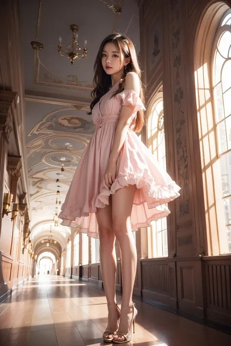 Beautiful Japanese Waifu, early 30s, brunette hair, pink dress, glod high heels, in palace hallway