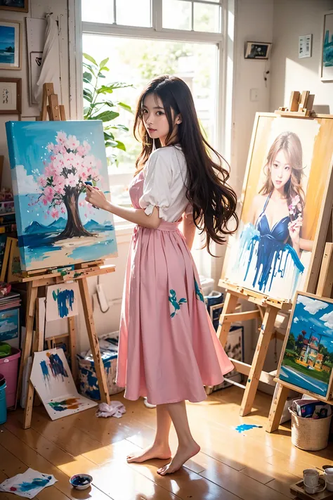 Beautiful Japanese Waifu, early 30s, brunette hair, pink dress, painting in a paint workshop , naked feet