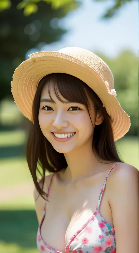 masterpiece,best quality,(Japanese ),((Beautiful girl)),cleavage,(perfect body beauty:1.2),(shy smile),beautiful teeth,(straw hat),(in the park),