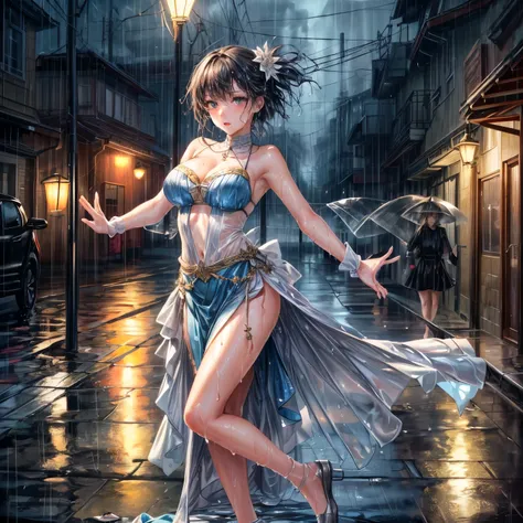 Fantasy,dream-like,An illustration,Photorealistic,Actual photo,colorful,
((Late night street,in the rain,A beautiful woman dancing wet under a street lamp:1.5))
in the rain,A late-night public road with no one else around,Quiet Street,
No umbrella,Beautifu...