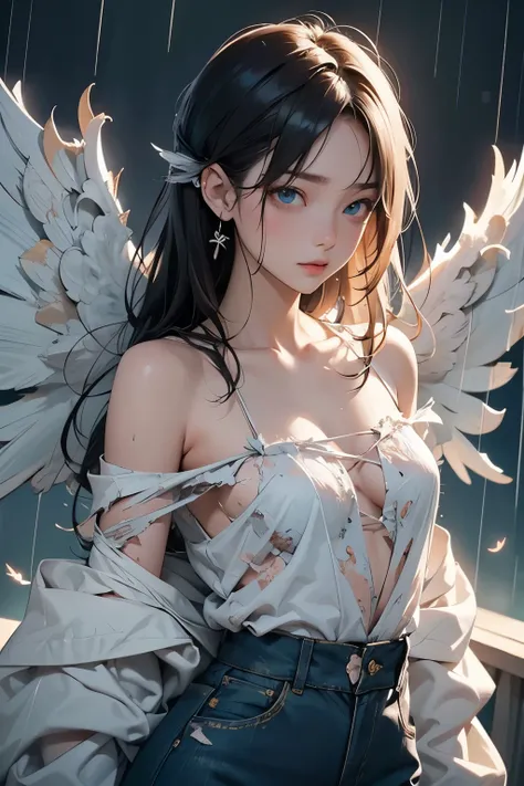 detailed, 8K, Movie angle, in the rain、An angel with broken wings dancing in the rain、(Tattered Wings:1.4)、Sexy and cute、Tired look、