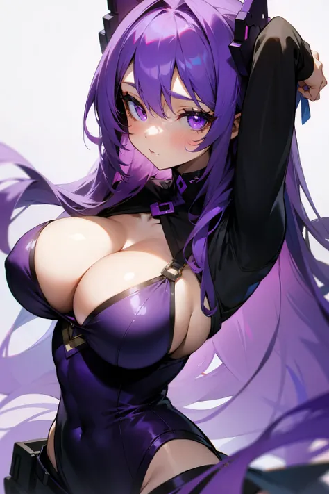 Cute girl, long purple hair, purple eyes, big breasts