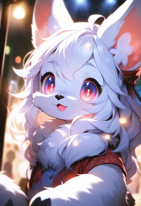 furry, white fur, ultra cute face, red elements on fur, glowing t-shrt, beautiful lights and shadows, ambient light, ultra detailed fur, volumetric light