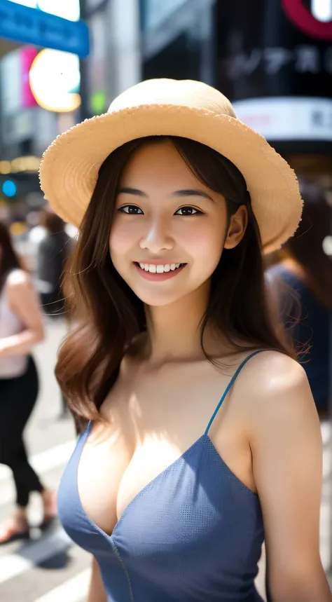 masterpiece,best quality,(Japanese ),((Beautiful girl)),cleavage,(perfect body beauty:1.2),(shy smile),beautiful teeth,(straw hat),(Shibuya scramble crossing),