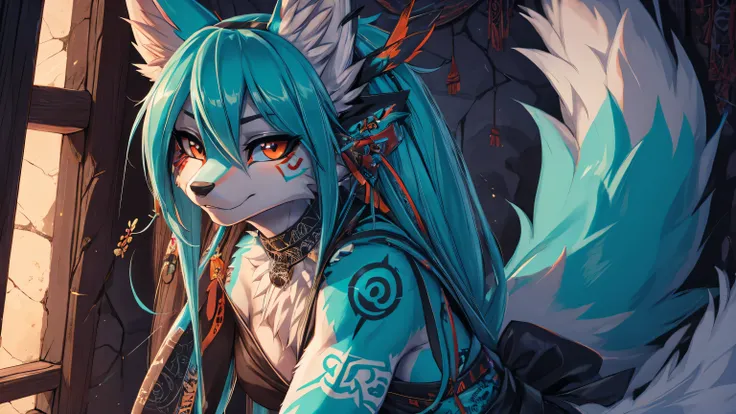 Miku Hatsune, add high definition_detail:1, blue fur,kitsune ears, tribal tattoo add_detail:1, in hell add_detail, batwigns add_detail Fer yokai kitsune add_detail:1