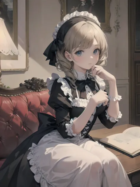 (Highest quality、16K、masterpiece、Ultra-high resolution、Victorian era、Photorealistic:1.2)、A delicate Lolita girl, aged 13、Cute pose of a lolita maid