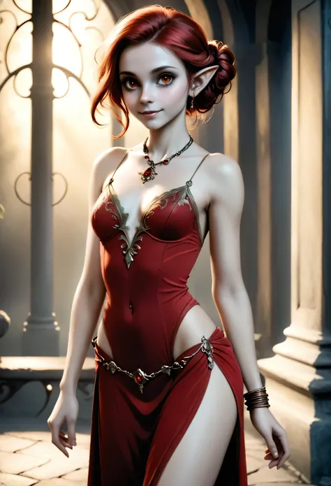 (Realisttic:1.2), analog photo style, (cute goblin wooman looking like elf, intensed red eyes, surrounded by a gloomy antique setting), (her full body s a visual pleasure), faint smile, soft shading expresses beautiful skin texture, sexy and seductive, Gra...