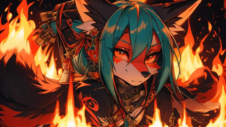 miku hatsune, add high definition_detail:1, blue fur,kitsune ears, tribal tattoo add_detail:1, in hell add_detail, batwigns add_...