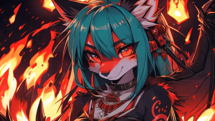 Miku Hatsune, add high definition_detail:1, blue fur,kitsune ears, tribal tattoo add_detail:1, in hell add_detail, batwigns add_detail Fer yokai kitsune add_detail:1