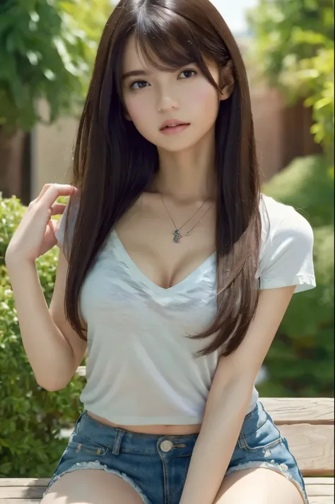 (Best quality, 8k, Masterpiece :1.3), A pretty woman with perfect figure :1.4, Dark brown hair, Big breasts, Wearing pendant, V neck t-shirt with ripped shorts, Sit on bench, In garden, Highly detailed face and skin, Detailed eyes, Double eyelid