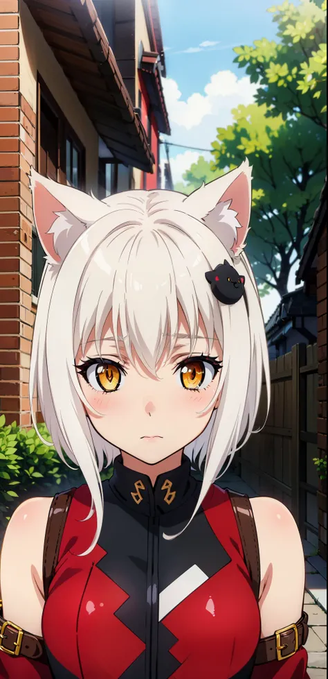 best quality, (masterpiece:1.2), highly detailed, cat ears, 1girl, tojou koneko, yellow eyes, white hair, short hair, hair ornament, 20-year-old, healthy skin, blushed,(ringed eyes ),((leather clothes)), outdoors 