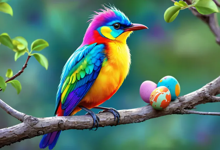 Brightly colored bird perched on a tree branch、Beautiful colorful、Long colorful bird、Colorful、Beautiful and colorful、Beautiful and vibrant colors、Colourful and detailed、Painted in bright watercolors、Colorful eggs、Vibrant and realistic colors、Surreal Bird、C...