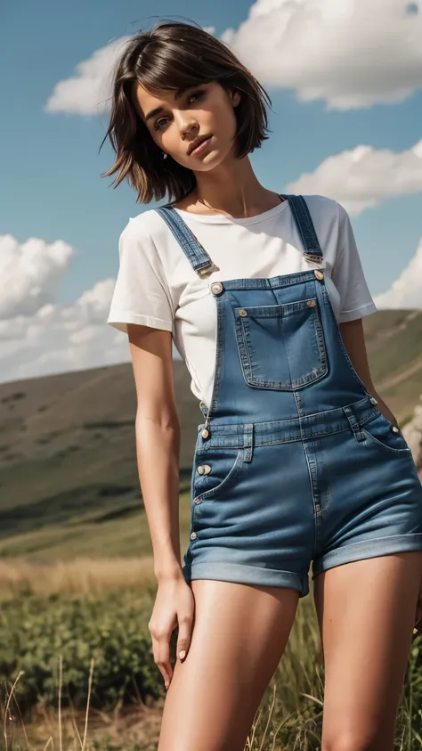 Incredibly beautiful woman with a (short denim dungarees) and width of straps. Exposed legs, very short dungarees, short tight white top underneath. very realistic, thin woman, slender legs, tanned skin. short hair tousled by the wind. high quality and hig...