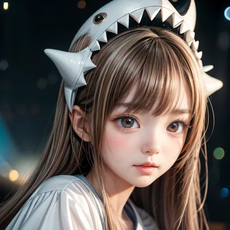 ((Shark head cap)), 8k, High-level, absurd, masterpiece, best quality, primitive, very detailed CG, very detailed wallpaper, perfect lighting, Extremely detailed ((( personifying " Sark Girl " as a Little Girl))), MysticSight, Tyndall effect, Tyndall scatt...