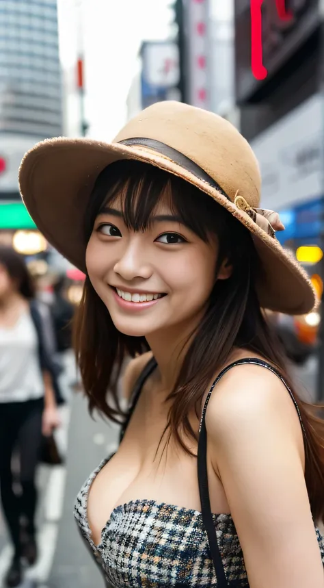 masterpiece,best quality,(Japanese ),((Beautiful girl)),cleavage,(perfect body beauty:1.2),(shy smile),beautiful teeth,(hat),(Shibuya scramble crossing),