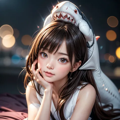 (((stuffed Shark on Head))), 8k, High-level, absurd, masterpiece, best quality, primitive, very detailed CG, very detailed wallpaper, perfect lighting, Extremely detailed ((( personifying " Sark Girl " as a Little Girl))), MysticSight, Tyndall effect, Tynd...