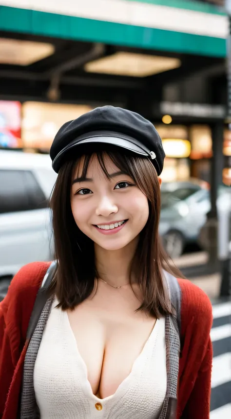 masterpiece,best quality,(Japanese ),((Beautiful girl)),cleavage,(perfect body beauty:1.2),(shy smile),beautiful teeth,(hat),(Shibuya scramble crossing),